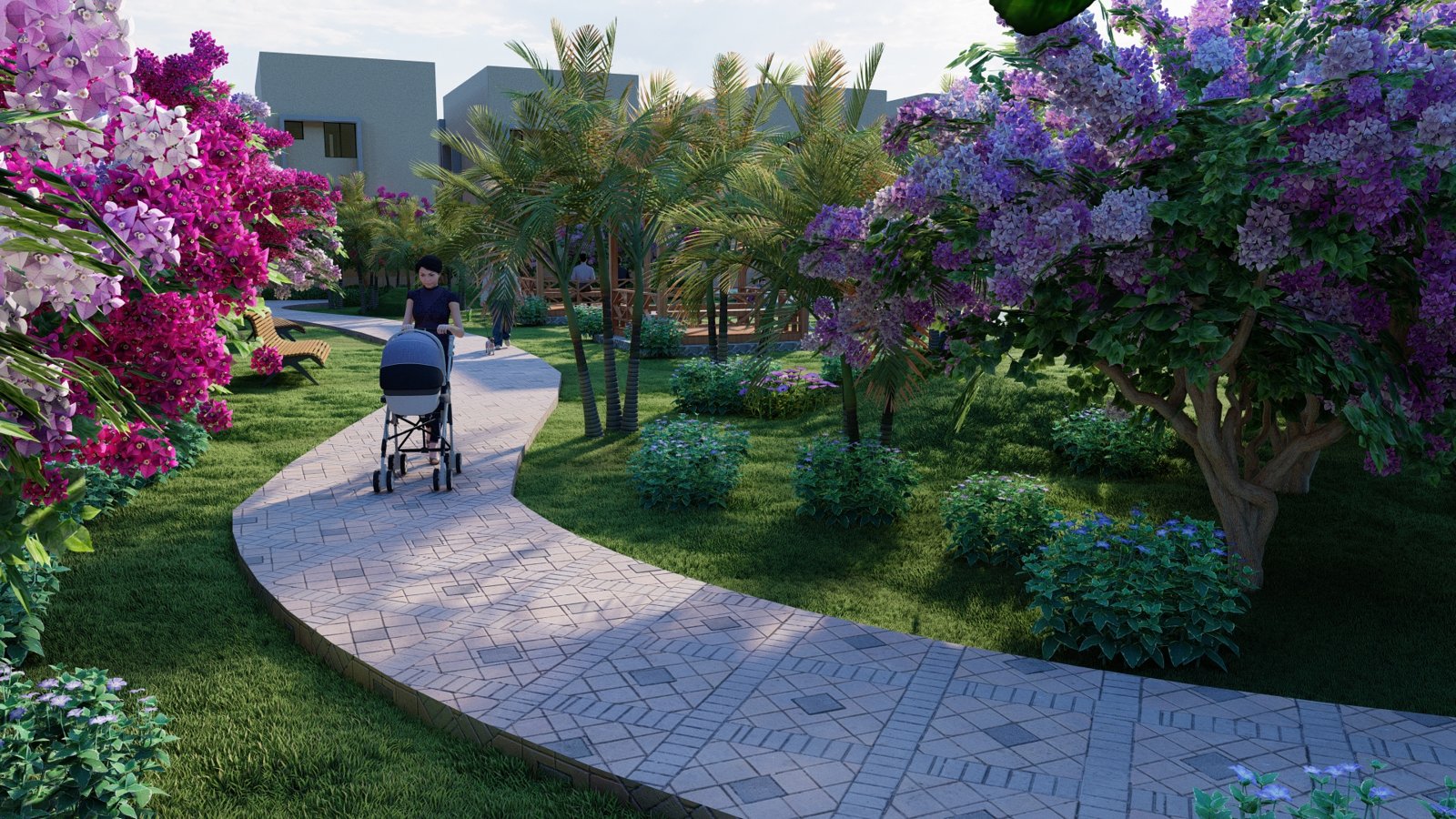 Official render of landscaped gardens and walking paths at Kingstreet