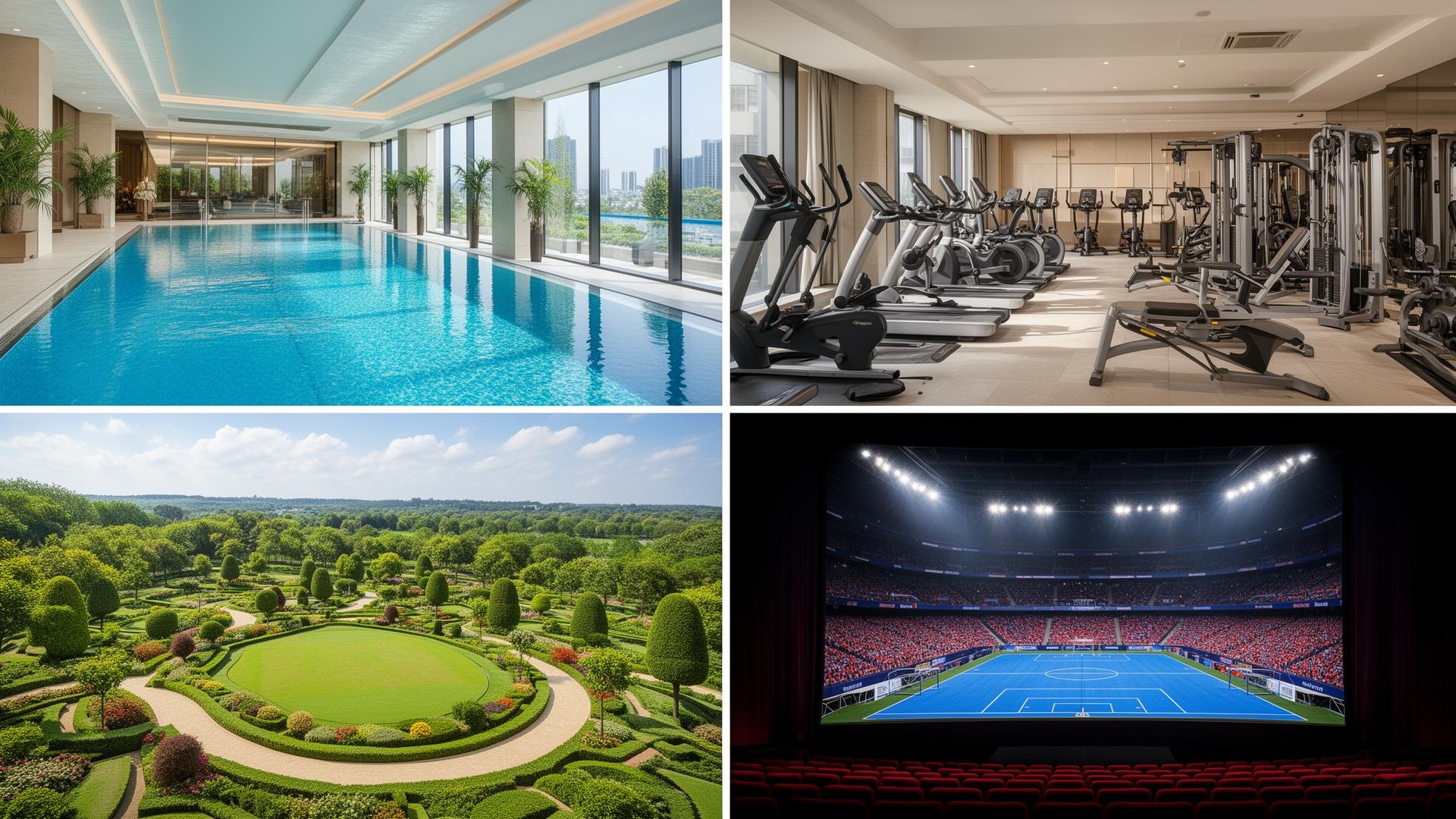 Omaxe State amenities montage showing a swimming pool, gym, landscaped gardens and cricket stadium renders